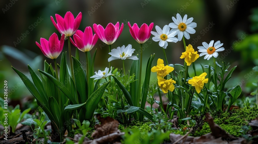Fototapeta premium Vibrant Spring Flowers: A Symphony of Tulips, Daisies, and Daffodils