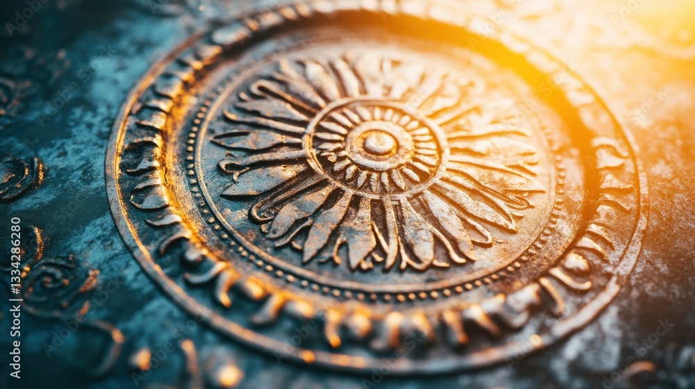 Obraz premium Intricate Bronze Design with Sun Motif and Patina Texture Detail