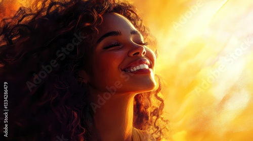 Wallpaper Mural Smiling woman with long curly hair, basking in natural light with an uplifting aura Torontodigital.ca