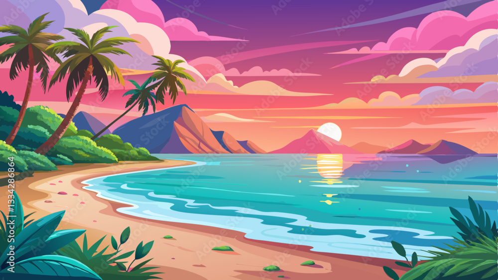 Obraz premium secluded tropical beach with crystal-clear turquoise waters, golden sands, and gentle waves lapping against the shore under a pink-hued sunset.