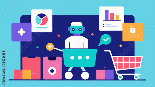Ecommerce AI Assistant An AI assistant interacting with digital shoppers on a website with shopping carts full of products symbolizing AIs impact on consumer behaviors and sales