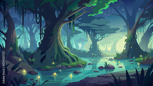 mystical swamp shrouded in mist, with ancient cypress trees, fireflies glowing above the water, and the croaking of frogs echoing.