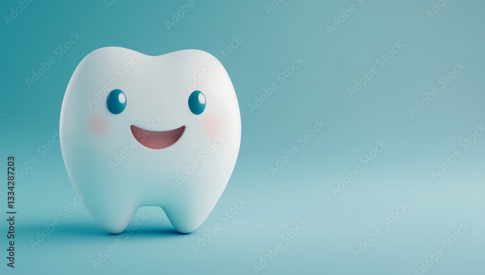 A cute, smiling tooth character on a light blue background. A cute, smiling tooth character on a light blue background.