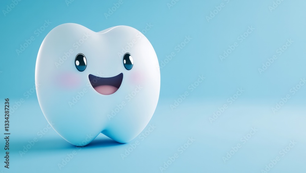 A cute, smiling tooth character on a light blue background. A cute, smiling tooth character on a light blue background.