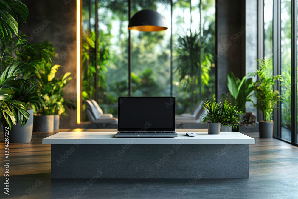 Fototapeta premium Modern office interior with open plan layout, sleek furniture, and natural lighting