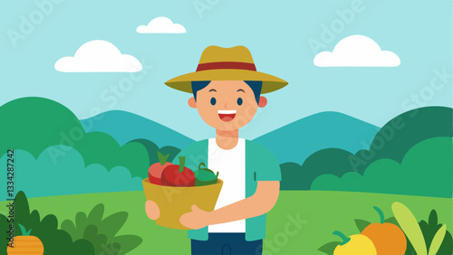 Farmer in a Field A cheerful farmer in a sunhat standing in a lush green field holding a basket of fresh colorful vegetables promoting organic farming practices.