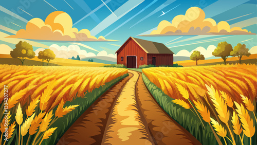 Quadro su tela golden wheat field stretching to the horizon, with an old wooden barn, a narrow dirt road, and a warm summer breeze rustling the crops