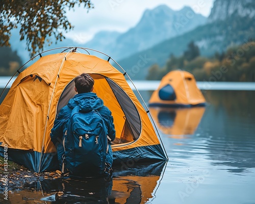 Wallpaper Mural A person in front of a tent near a lake and mountains Torontodigital.ca