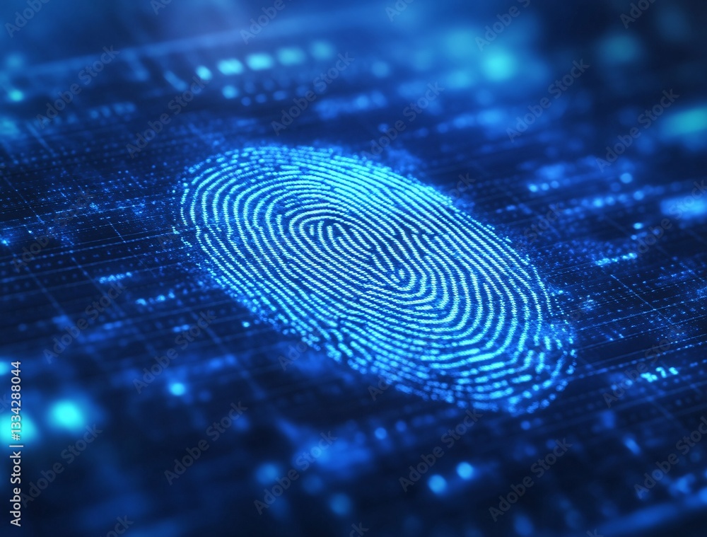 Digital Fingerprint: Glowing digital fingerprint superimposed on a technological circuit board, a stark yet captivating representation of data security and identity verification.
