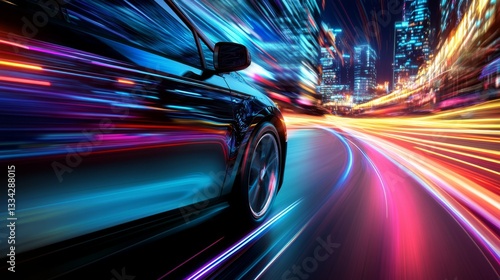 Autonomous Car with Dynamic Light Trails  A close-up of a sleek autonomous car on a futuristic road.