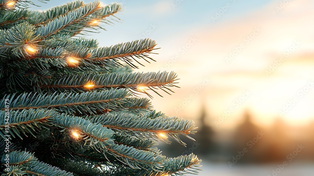 Christmas tree with lights at sunset nature scene holiday spirit outdoor close-up view Christmas tree with lights at sunset nature scene holiday spirit outdoor close-up view