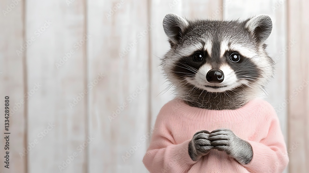 Obraz premium Charming raccoon in pink sweater cozy indoor studio photography with whimsical appeal