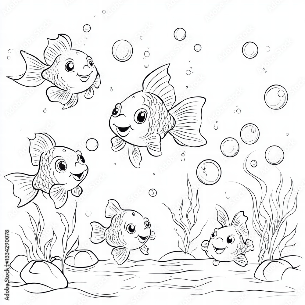 Fototapeta premium Underwater friends: A cheerful illustration depicts a collection of smiling goldfish swimming amidst gentle bubbles and aquatic plants, creating a playful and inviting aquatic scene.