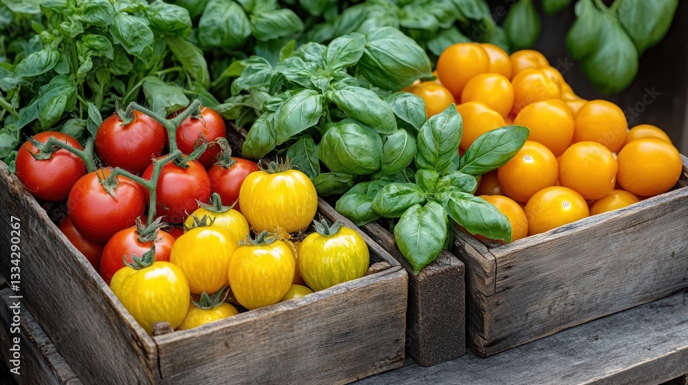 Fresh red and yellow tomatoes and basil in wooden crates. Fresh red and yellow tomatoes and basil in wooden crates.