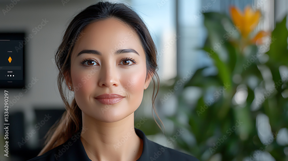 Empowering portrait of a confident professional woman urban office digital media bright environment close-up view innovation and creativity Empowering portrait of a confident professional woman urban office digital media bright environment close-up view innovation and creativity