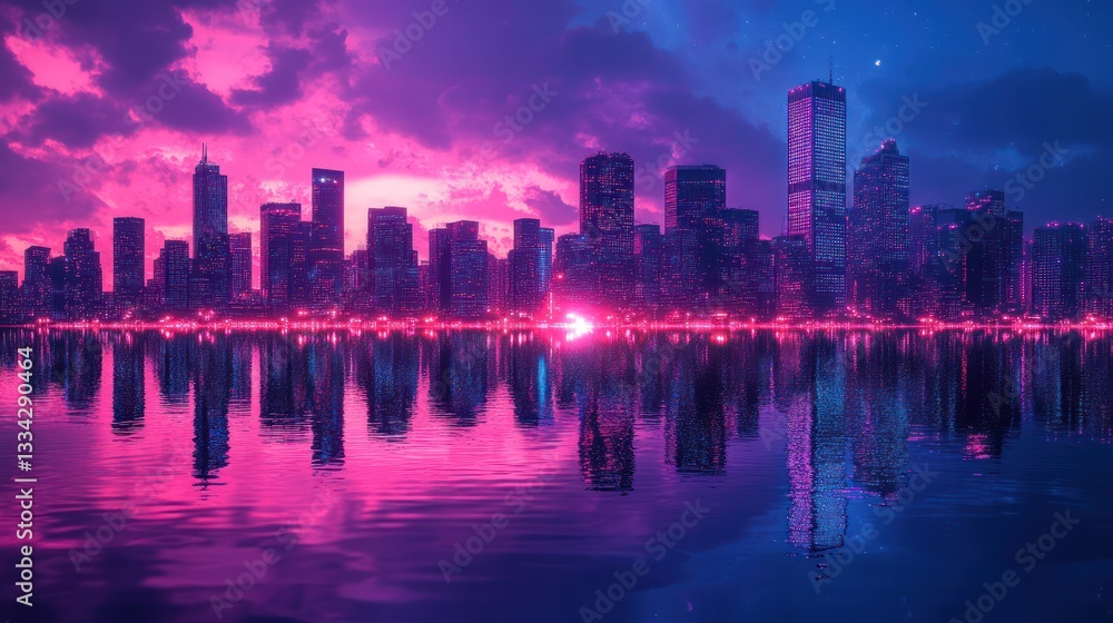 Fototapeta premium Vibrant cityscape reflected in calm water at sunset.