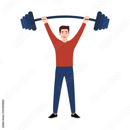 Man doing Overhead barbell shoulder press exercise. Flat vector illustration isolated on white background