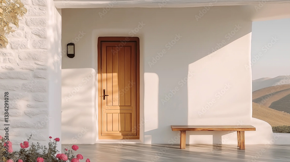 Fototapeta premium Wooden door and bench on a white wall with mountain view
