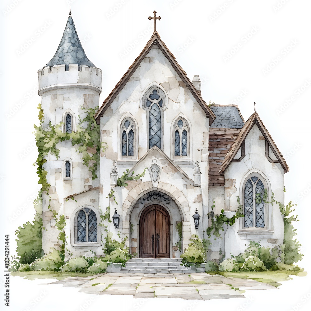 Fototapeta premium Watercolor Illustration of a White Stone Chapel with Tower and Climbing Vines