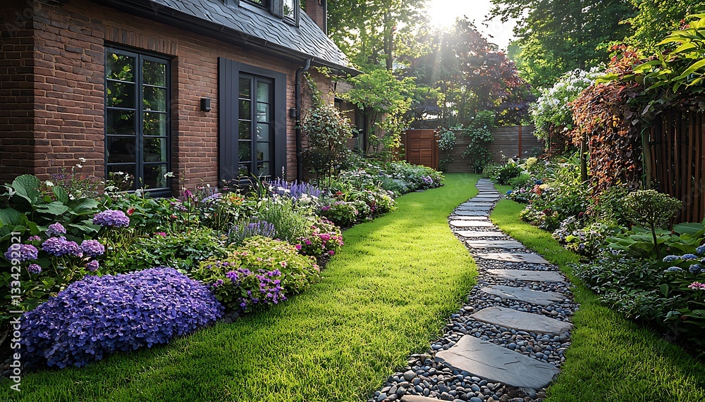 Obraz premium A beautifully landscaped garden walkway next to a brick building
