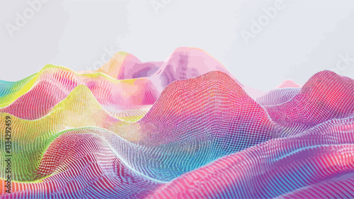 The image is a digital illustration depicting an abstract landscape.  The landscape is composed of undulating, wave-like forms resembling hills or mountains.  The color palette is predominantly
