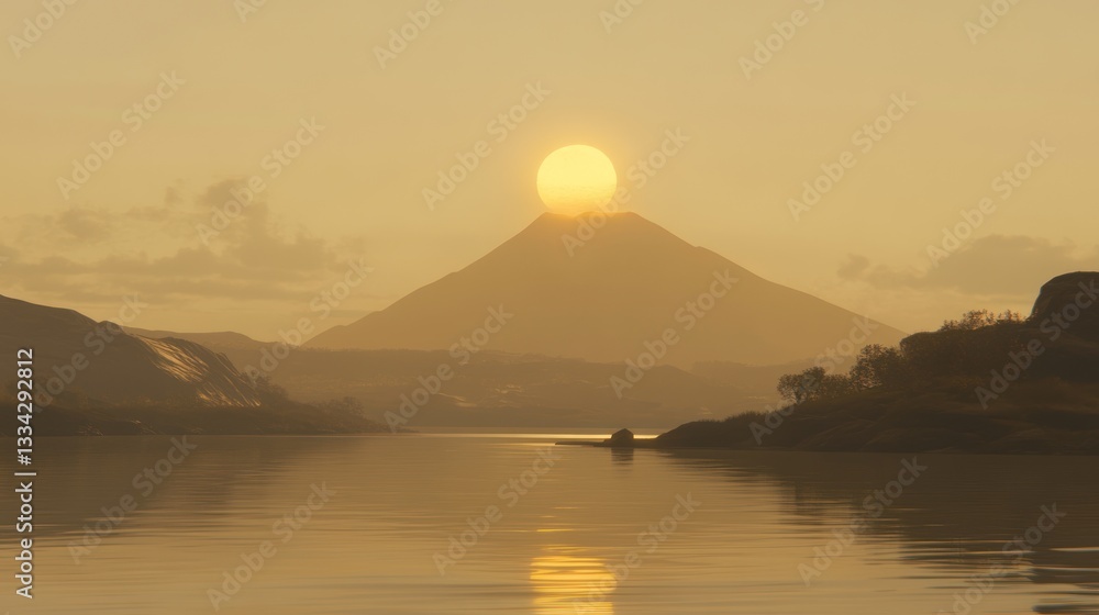 Golden sunrise over mountain lake landscape