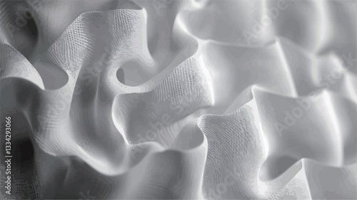 Close-up, monochrome photograph of draped fabric. The image shows a detailed texture of soft, flowing folds and ripples in the fabric.  The lighting is soft and diffused, creating subtle shadows
