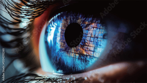 A detailed macro photograph of a human eye. The image showcases a vibrant blue iris with intricate textures and patterns. The pupil is dark and central, surrounded by a detailed iris pattern.