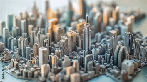 Close-up high-angle shot of a detailed 3D printed model of a cityscape. The model depicts numerous buildings of varying heights and shapes, rendered in muted shades of grey, beige, and brown.  The