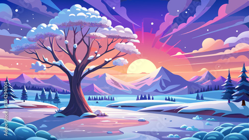 serene winter landscape with a snow covered tree and a vibrant sunrise