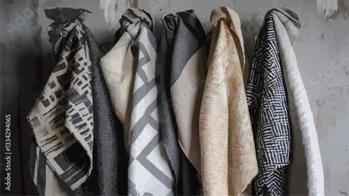 Close-up shot of six fabric swatches hanging against a textured gray wall.  The swatches display various grayscale patterns and textures, including geometric designs and abstract prints.  The