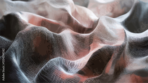 Close-up shot of a draped fabric exhibiting a textured surface. The fabric appears lightweight and semi-transparent, with folds and ripples creating a wave-like pattern.  The color palette consists