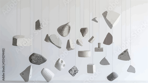 The image shows a minimalist abstract mobile sculpture comprised of numerous irregularly shaped, off-white and light gray elements suspended from thin strings against a plain white wall. The shapes