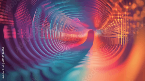 The image is a digital illustration depicting an abstract vortex or tunnel.  The visual elements consist of swirling, concentric circles in shades of purple, blue, and orange-red. The colors blend