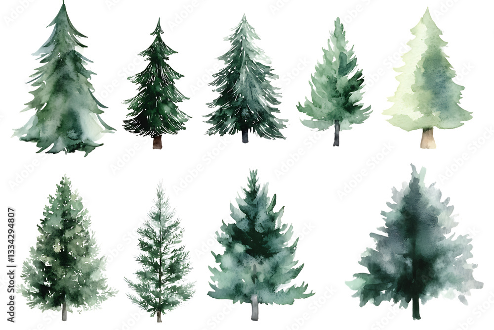 Obraz premium Watercolor Pine Trees on white Background, Nature-Inspired Holiday Design