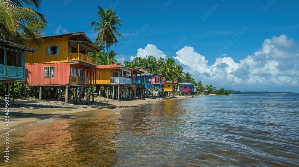 Obraz premium Colorful houses on stilts along a tropical beach.
