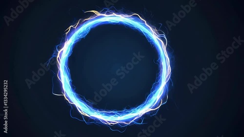Glowing Blue Electric Ring with Dynamic Energy Pulses and Vibrant Light on Dark Background Creates Futuristic Visual Effect with Electric Arcs Suggesting Power and Motion