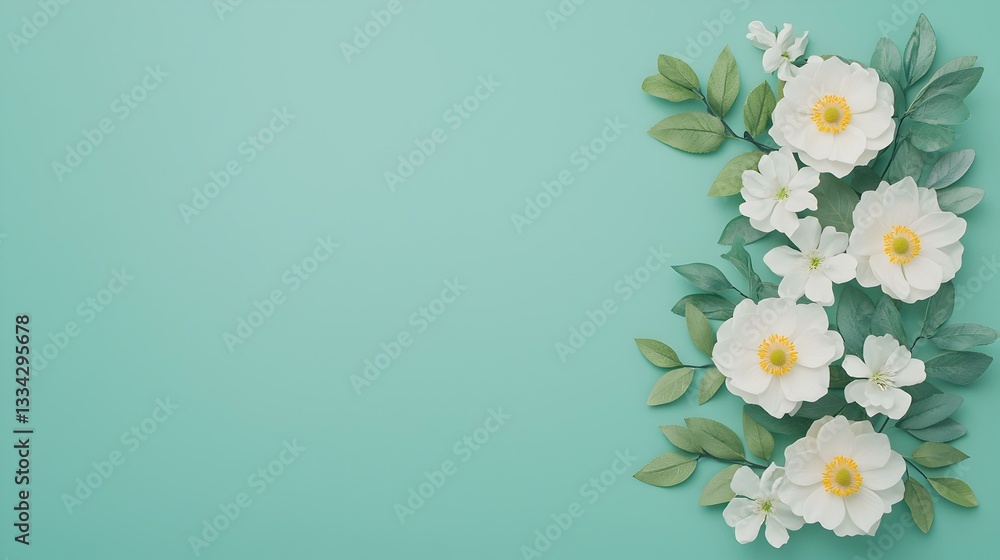 Naklejka premium White Paper Flowers and Green Leaves on a Teal Background