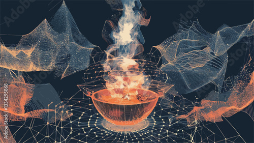 The image is a digital illustration depicting an abstract representation of a flame burning within a bowl. The flame is rendered with a blend of orange and yellow hues, exhibiting dynamic movement