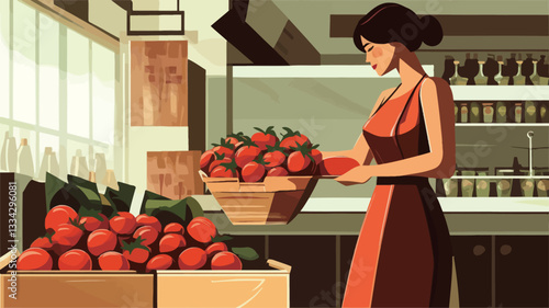 A stylized vector illustration depicting a woman in a red dress carefully selecting tomatoes from a wooden crate in a market setting. The style is reminiscent of mid-century modern illustration,