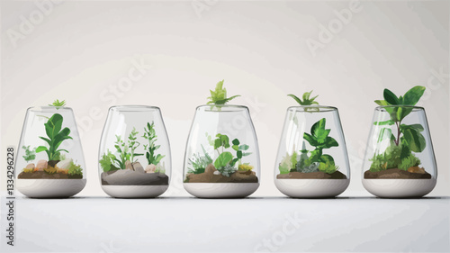 A studio shot against a white background depicts five small, clear glass terrariums arranged in a row. Each terrarium contains a variety of small plants and a layer of light brown soil or substrate