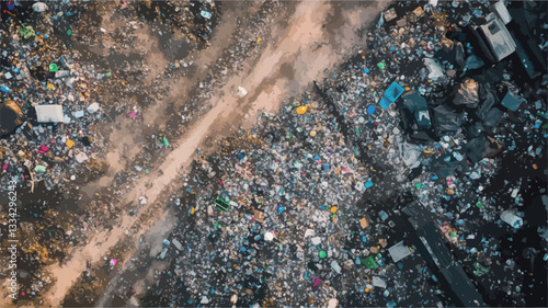 The image is an overhead aerial shot of a large area of waste and garbage.  A dirt road or path cuts diagonally through the center of the frame, dividing the waste into two sections. The waste is