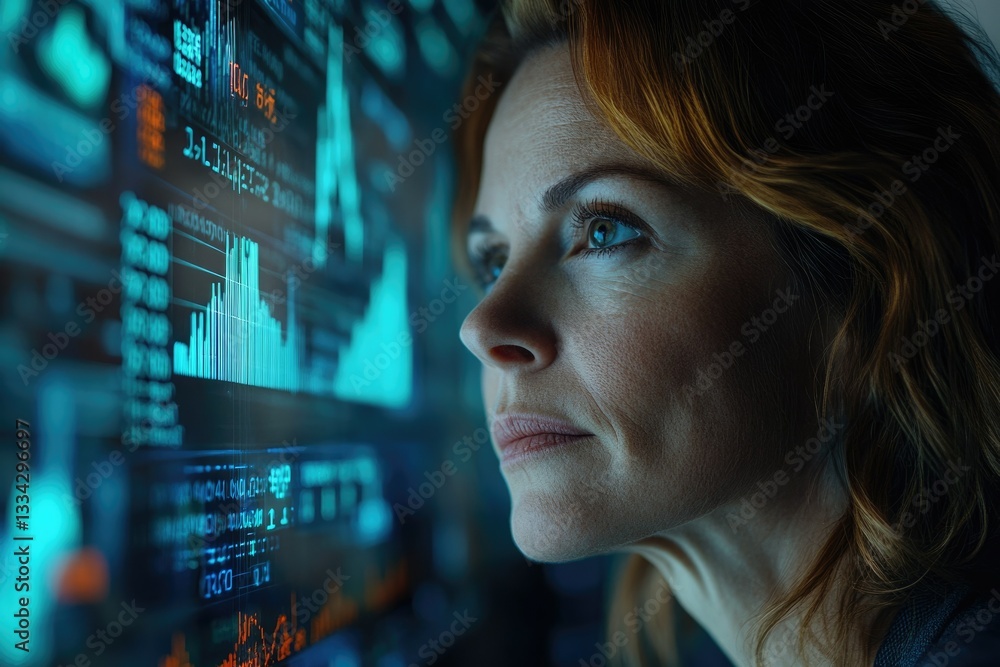 A woman intently studies a screen displaying complex financial data, charts, and graphs. A woman intently studies a screen displaying complex financial data, charts, and graphs.