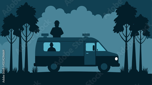 Police Van Silhouette A dark silhouette of an unmarked police van parked discreetly behind trees with two officers inside monitoring a scene through binoculars.