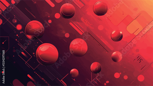 The image is a digital illustration featuring multiple red spheres of varying sizes against a backdrop of dark red and black geometric shapes. The spheres appear three-dimensional and glossy. The