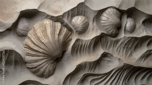 Close-up detail of a three-dimensional abstract relief sculpture. The sculpture features various sizes and shapes of shell-like forms embedded within a textured, undulating background. The color