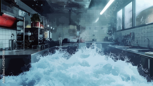 The image shows a commercial kitchen completely flooded with a significant amount of water, appearing as large, white waves.  Stainless steel kitchen equipment is partially submerged. The
