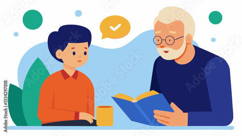 Financial Mentoring A teen sitting with an older mentor in a cozy setting discussing financial literacy materials showing the importance of guidance in money management.