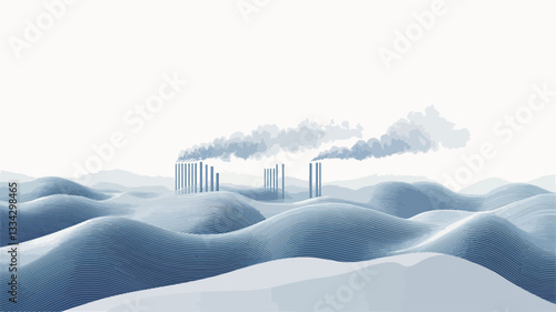 The image depicts a stylized landscape featuring soft, undulating blue hills or waves receding to a white background.  In the midground, several industrial smoke stacks are visible emitting dark