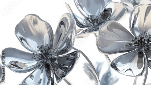 Close-up view of three stylized metallic flowers rendered in a highly reflective, polished chrome or silver finish.  The flowers have smooth, flowing petals and appear three-dimensional. The